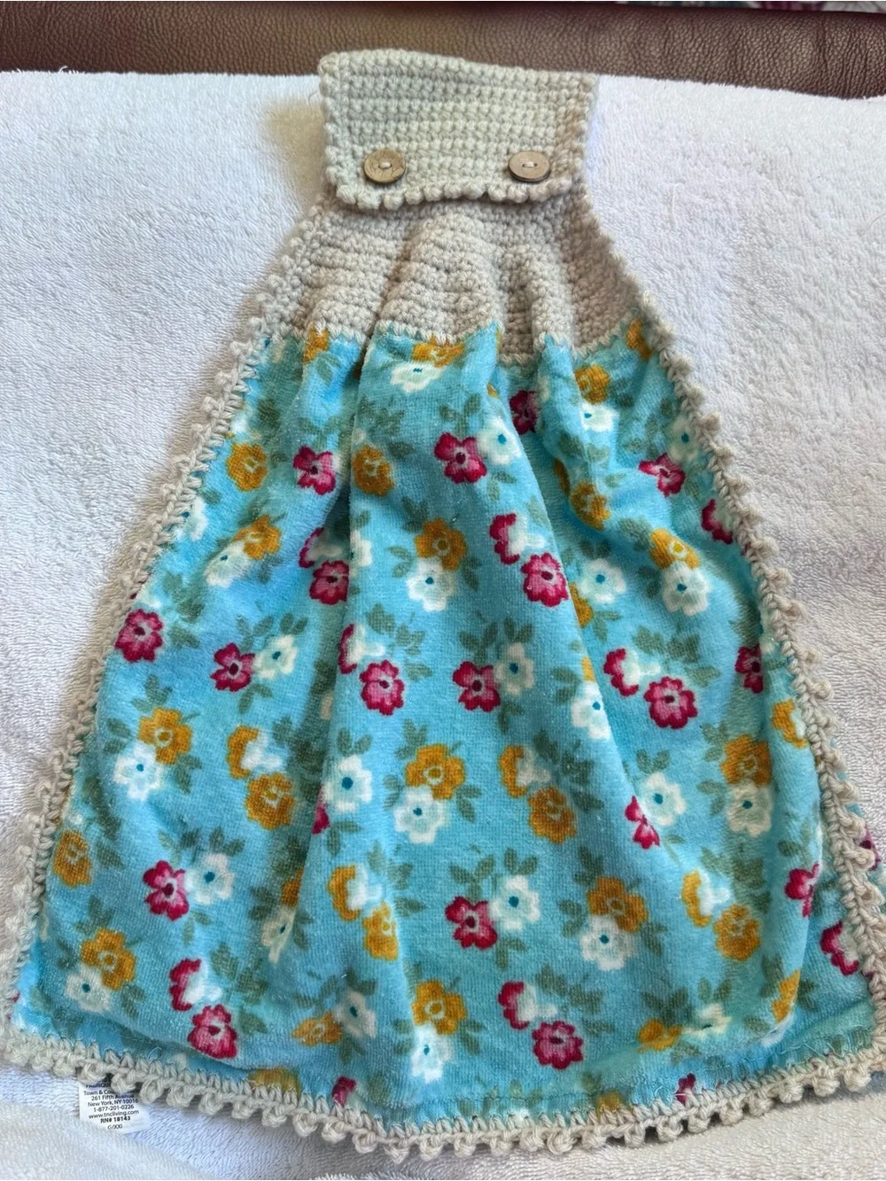 Handmade Pioneer Woman Turquoise Floral Crochet Hanging Kitchen Towel